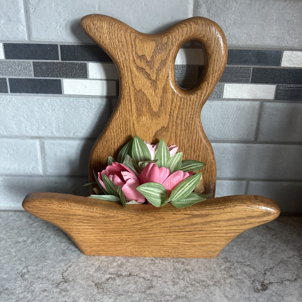 Vintage Cottagecore Wooden Decorative Wall Pocket Holder Hanging Pitcher Wood